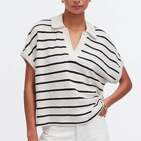 Madewell Relaxed V-Neck Polo Shirt in Stripe bright ivory - Picture 1 of 5